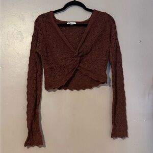American Eagle Outfitters AE Pointelle Twist-Front Cropped Sweater Maroon Size M